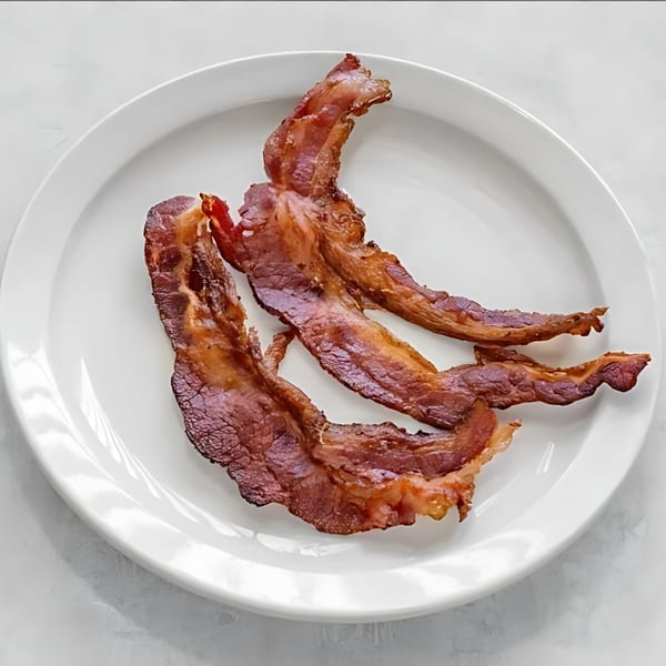 Three crispy strips of bacon are served on a white plate at Grand Rising Cafe.