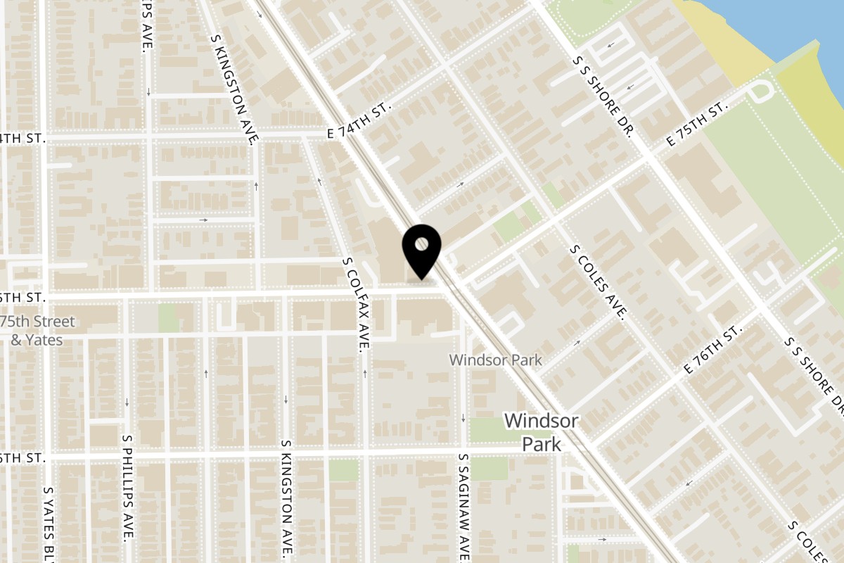 Map showing the location of Grand Rising Cafe on 2632 E 75th St in Chicago